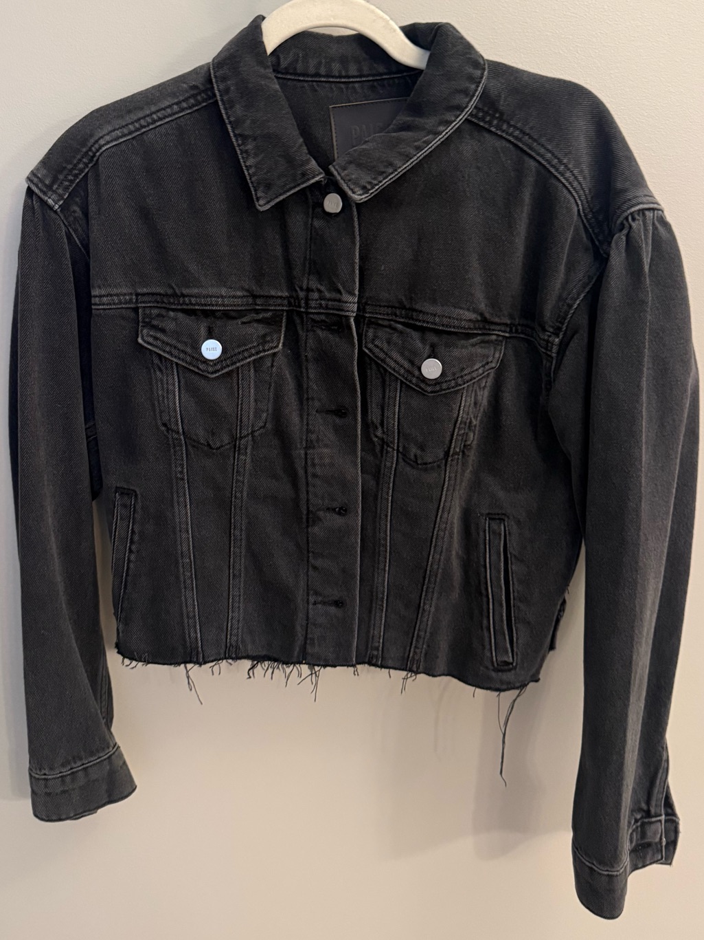 Paige Denim Blythe Black Cropped Raw-Hem Denim Jacket